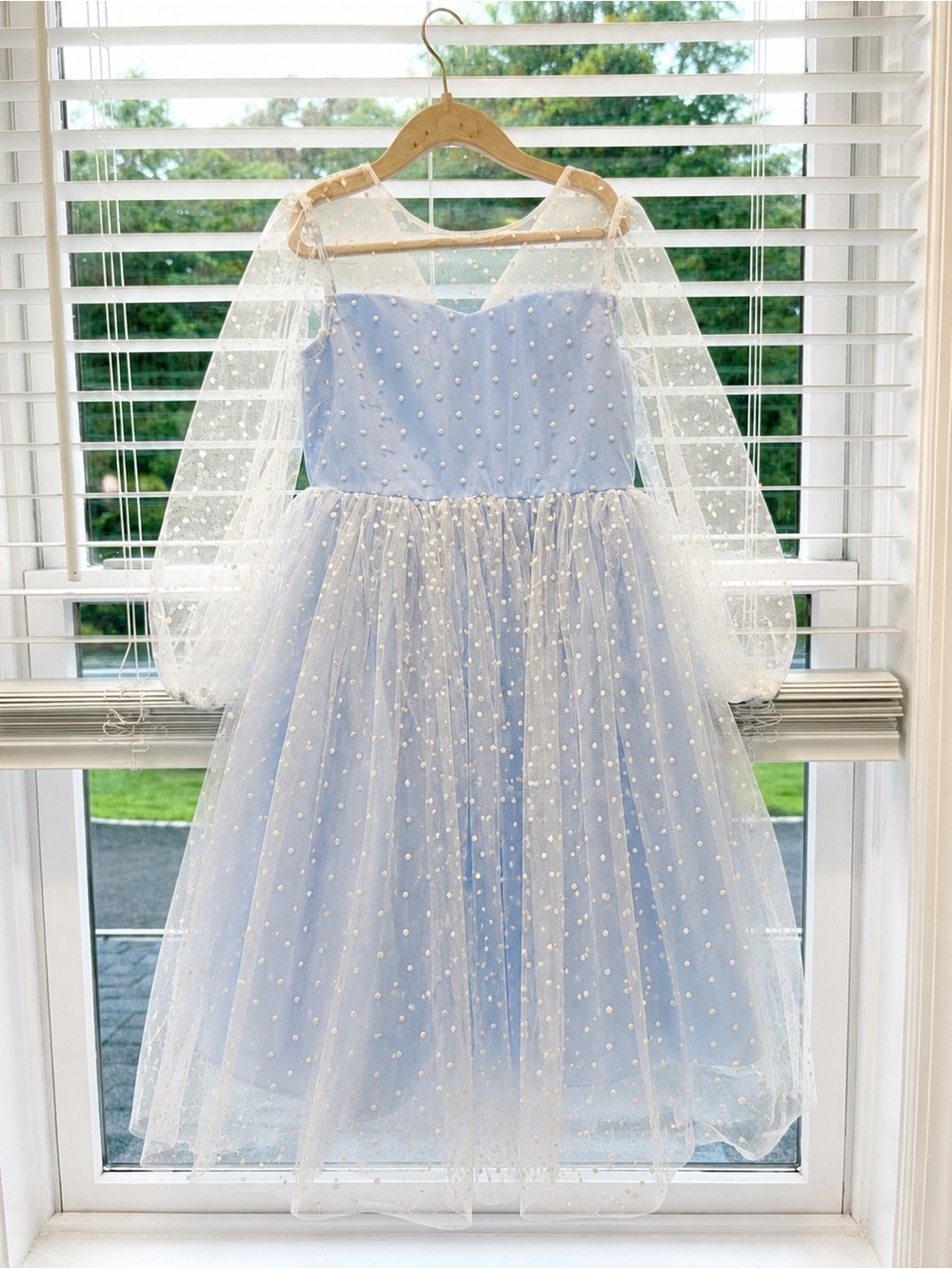Girls Light Blue Pearl Embellished Tulle Party Dress